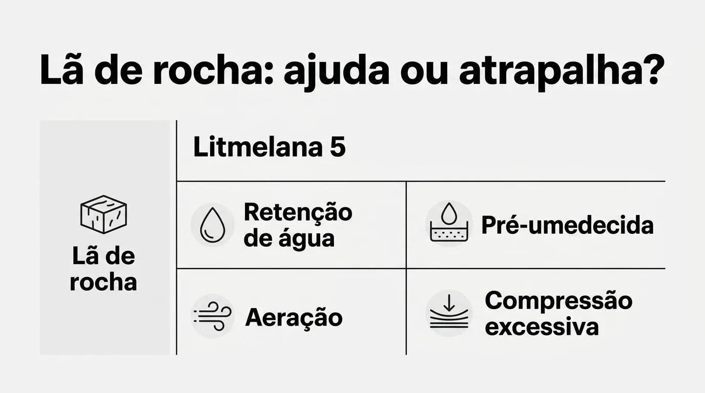 Infográfico comparativo mostrando quando a lã de rocha ajuda no enraizamento e quais erros podem atrapalhar, com rótulos curtos.
