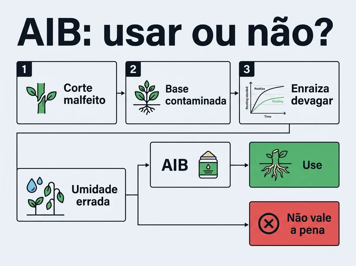 Infográfico com checklist de decisão para usar ácido indolbutírico (AIB) no enraizamento e sinais de quando ele não compensa.