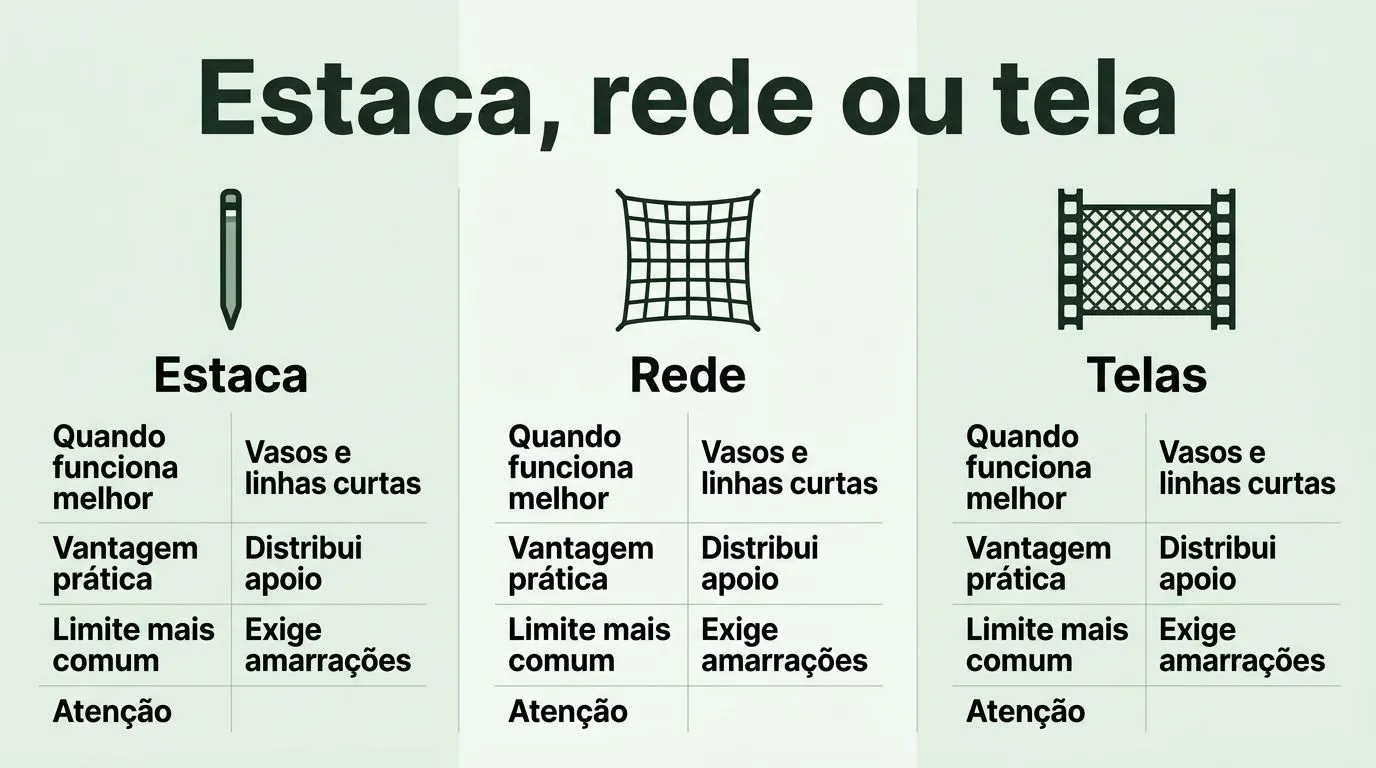 Comparação visual entre estaca, rede e tela para tutoramento de plantas em hidroponia.