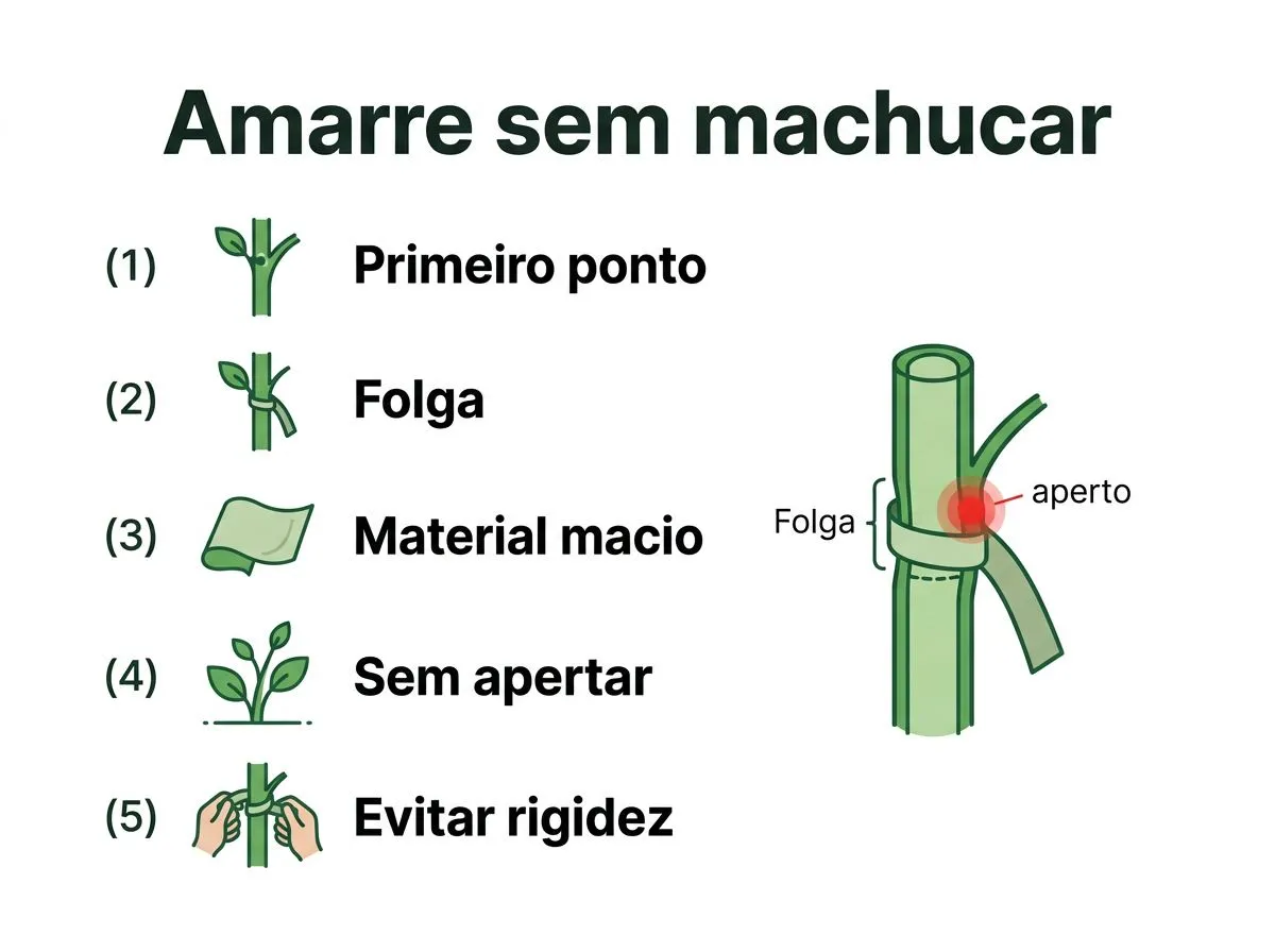 Guia visual para amarrar planta no tutor com folga e material macio, evitando estrangulamento.