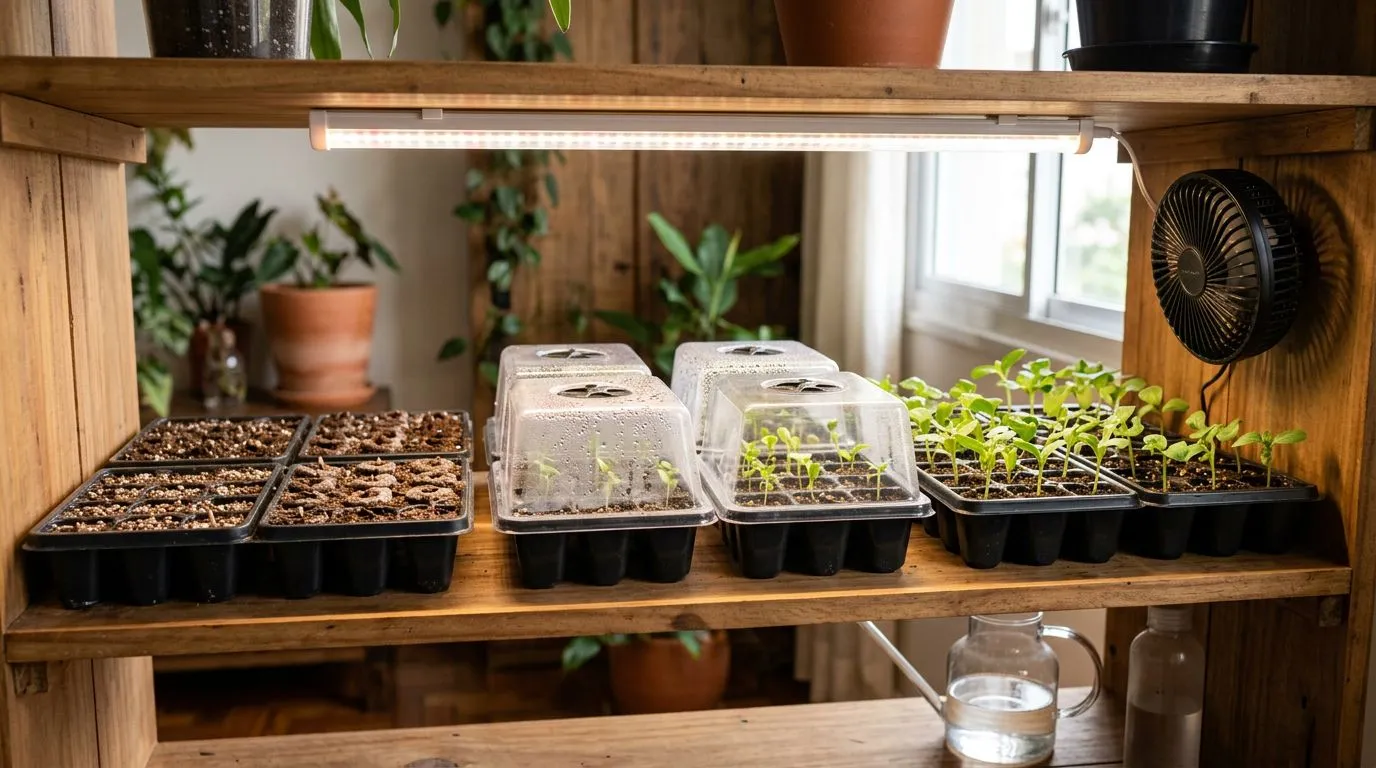 Organização em zonas (semeadura, germinação e aclimatação) em uma muda-teca doméstica para hidroponia.