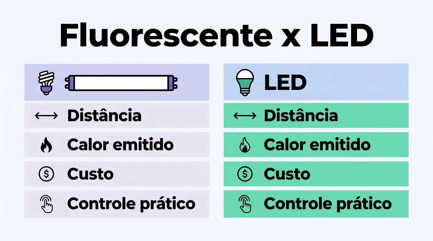 Comparação entre iluminação fluorescente e LED para mudas, com critérios como distância, calor e controle prático.