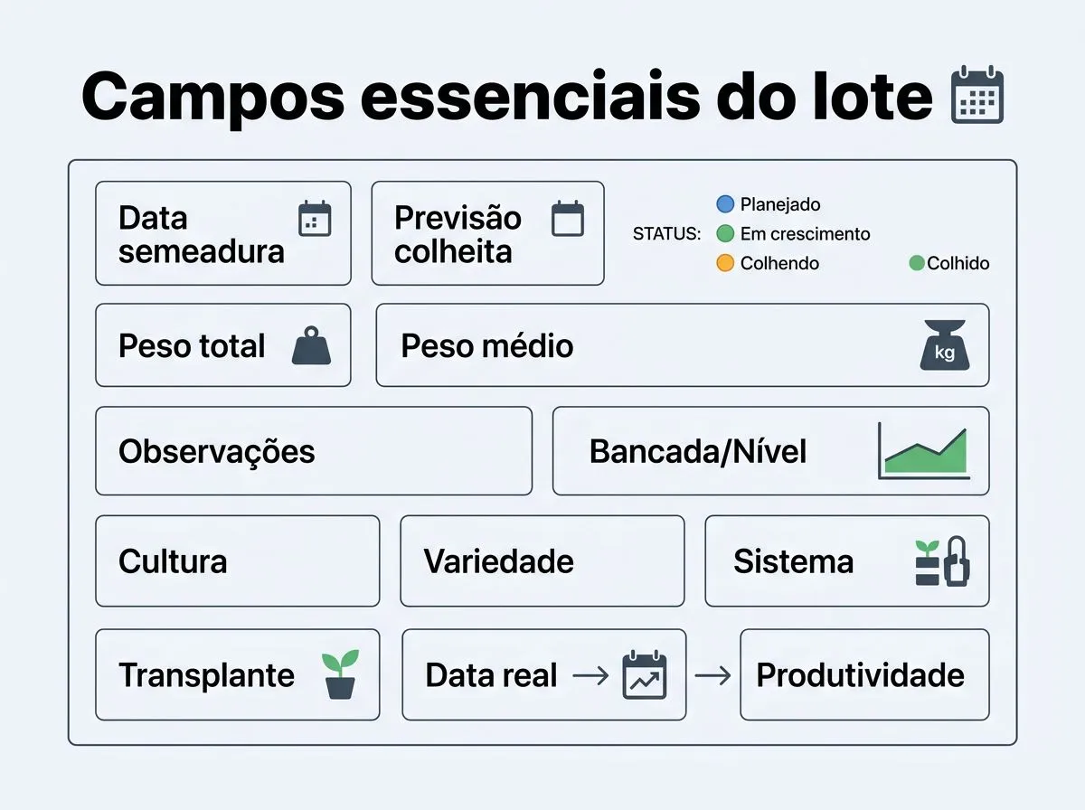 Infográfico com campos essenciais para registrar ciclos de lotes na hidroponia e acompanhar previsão e colheita real.