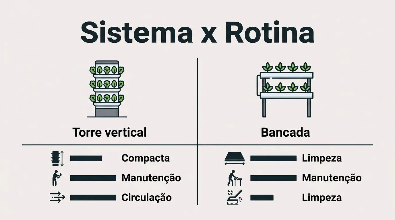 Gráfico comparativo entre torre vertical e bancada hidropônica por espaço, manutenção e encaixe na rotina.