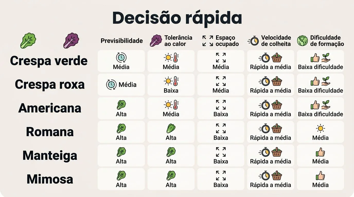 Tabela comparativa de variedades de alface na hidroponia por previsibilidade, tolerância ao calor e velocidade de colheita