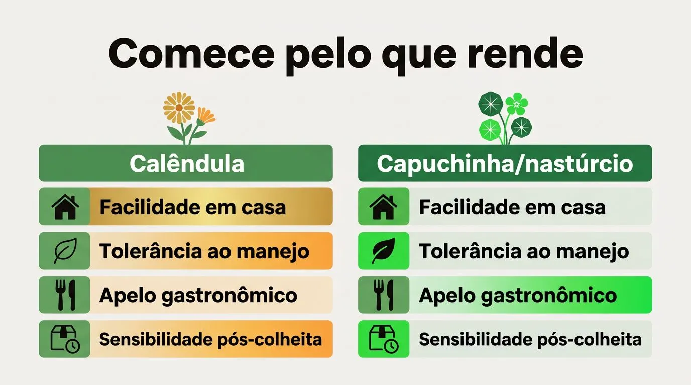 Tabela comparativa em estilo infográfico com critérios de facilidade, tolerância, apelo gastronômico e sensibilidade pós-colheita para calêndula e capuchinha/nastúrcio na hidroponia.