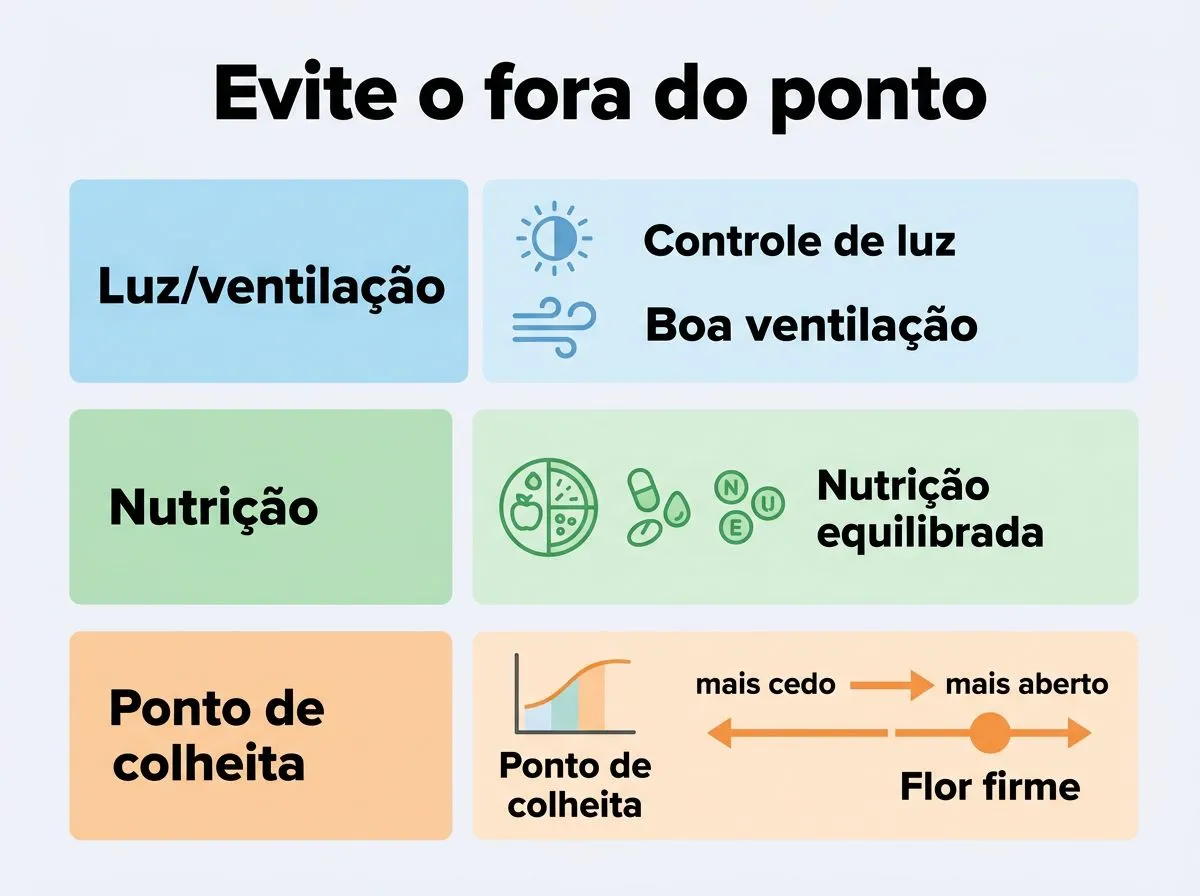 Checklist em infográfico com cuidados para evitar flores opacas, amargas ou fora do ponto: controle de luz, ventilação, nutrição equilibrada e ponto de colheita.