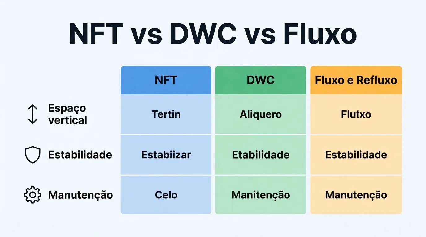 Comparativo visual entre NFT, DWC e Fluxo e Refluxo para espaçamento e manejo de brócolis hidropônico.