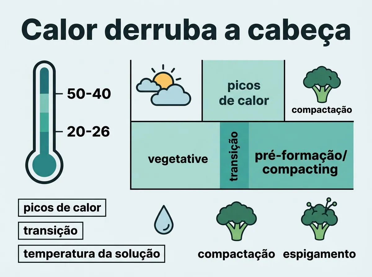 Infográfico mostrando a faixa de temperatura e fatores que ajudam o brócolis a compactar a cabeça e evitam espigamento.