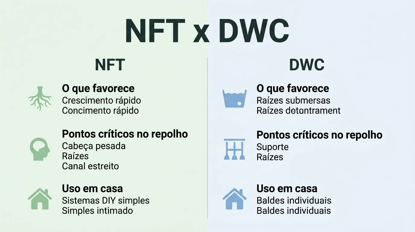 Comparativo visual entre NFT e DWC para repolho, destacando pontos críticos como canal estreito e suporte para a cabeça.