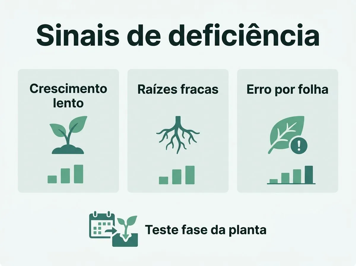 Infográfico com sinais de deficiência de fósforo e como evitar confundir com outros problemas em hidroponia.