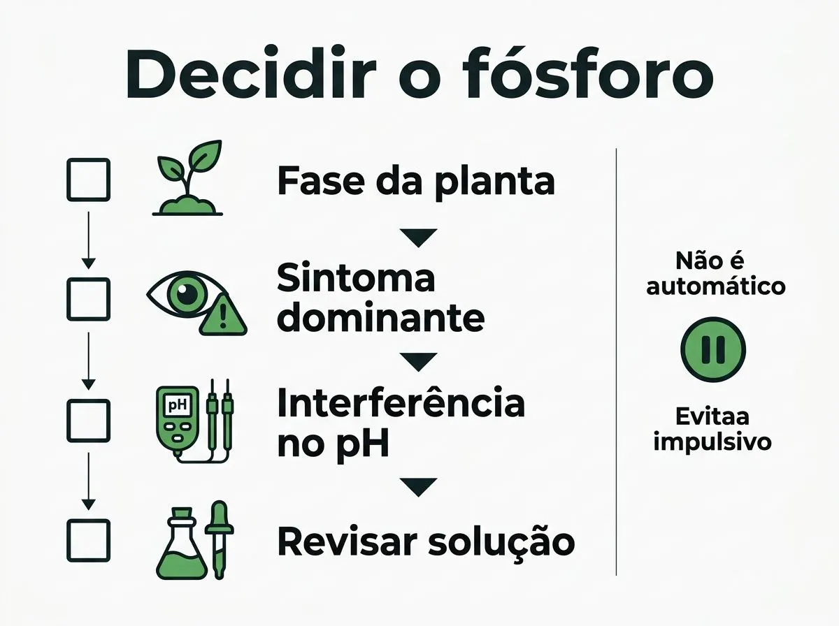 Checklist prático para decidir quando corrigir ou manter o fósforo na solução nutritiva em hidroponia.