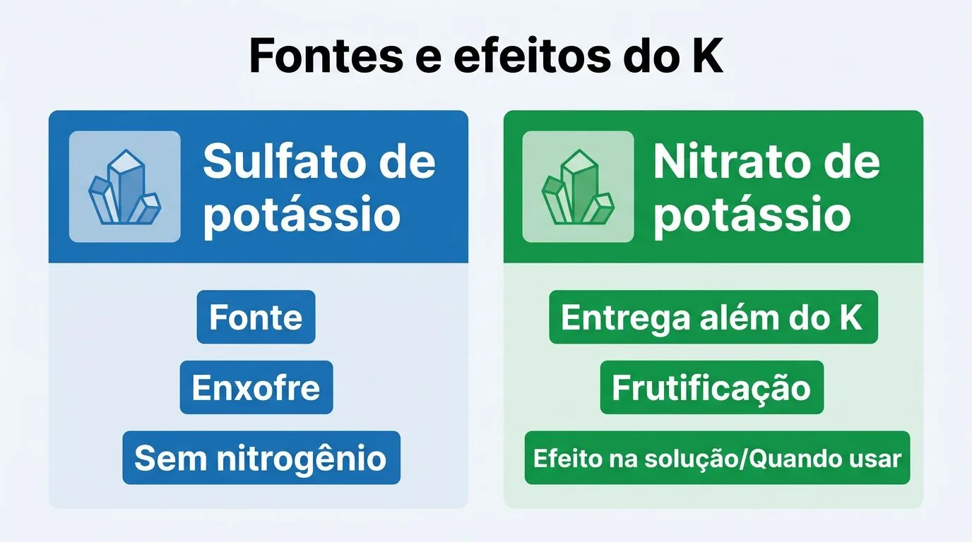 Comparativo visual entre fontes de potássio na hidroponia e efeitos práticos na solução.
