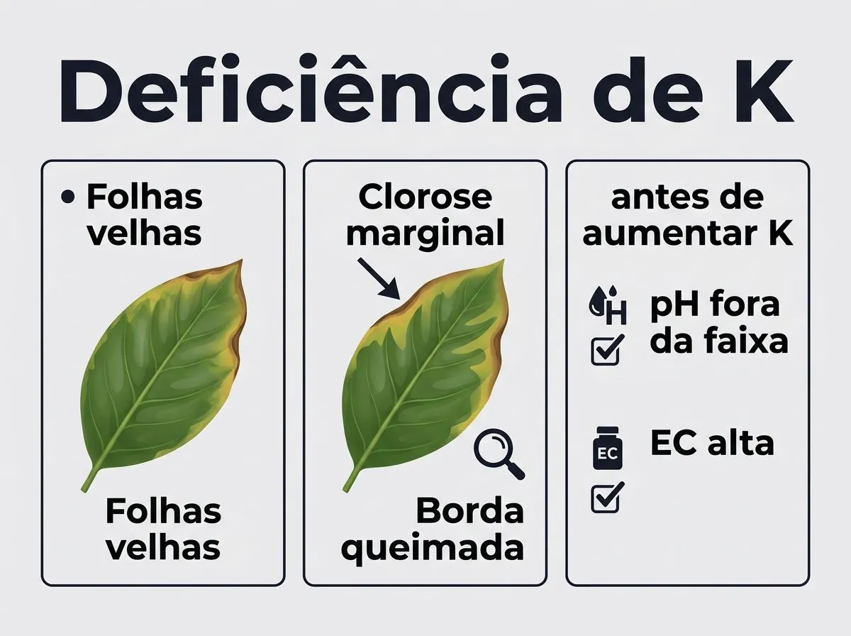 Guia visual para identificar deficiência de potássio em folhas e diferenciar de outros desequilíbrios.