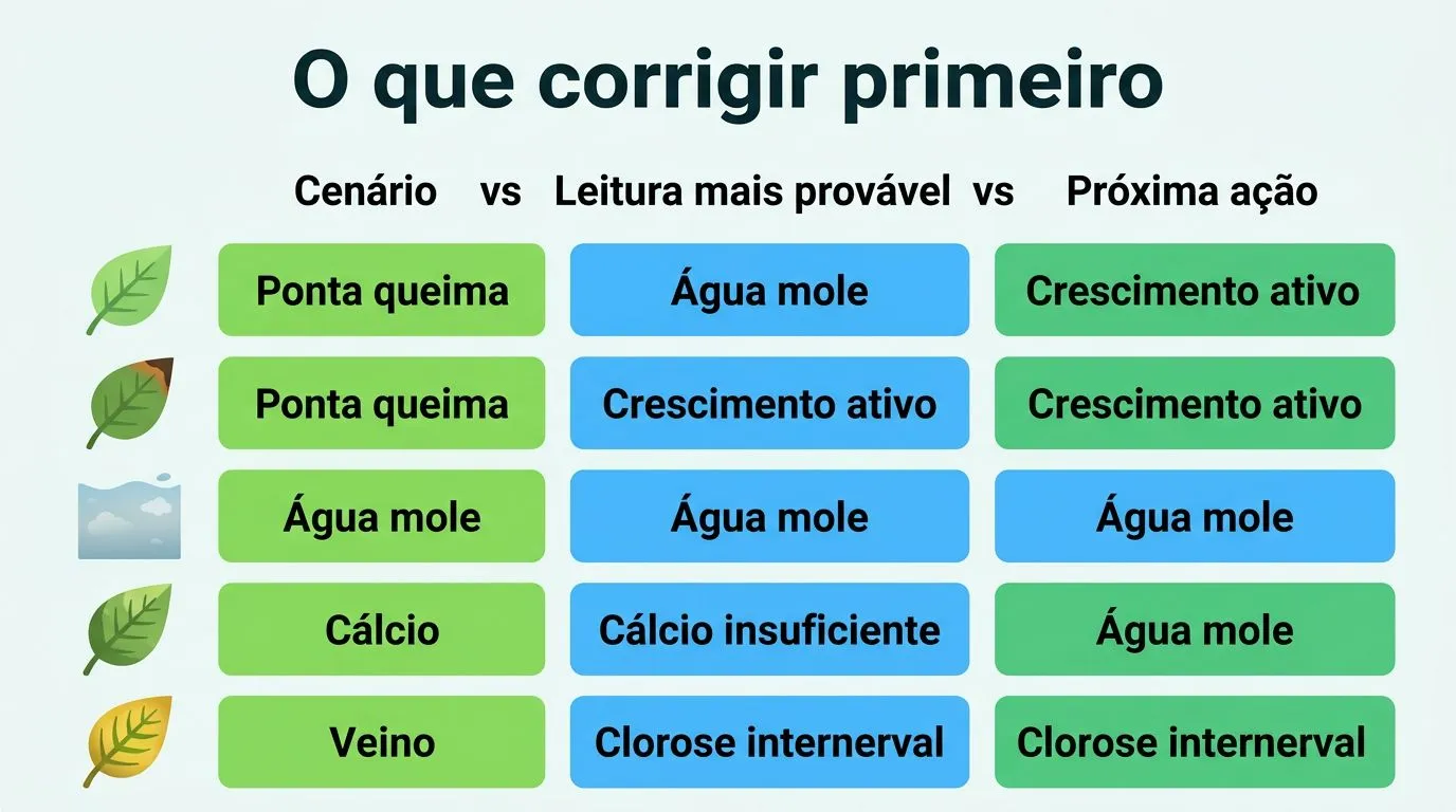 Infográfico comparando sinais e ações para correção de cálcio e magnésio na hidroponia.