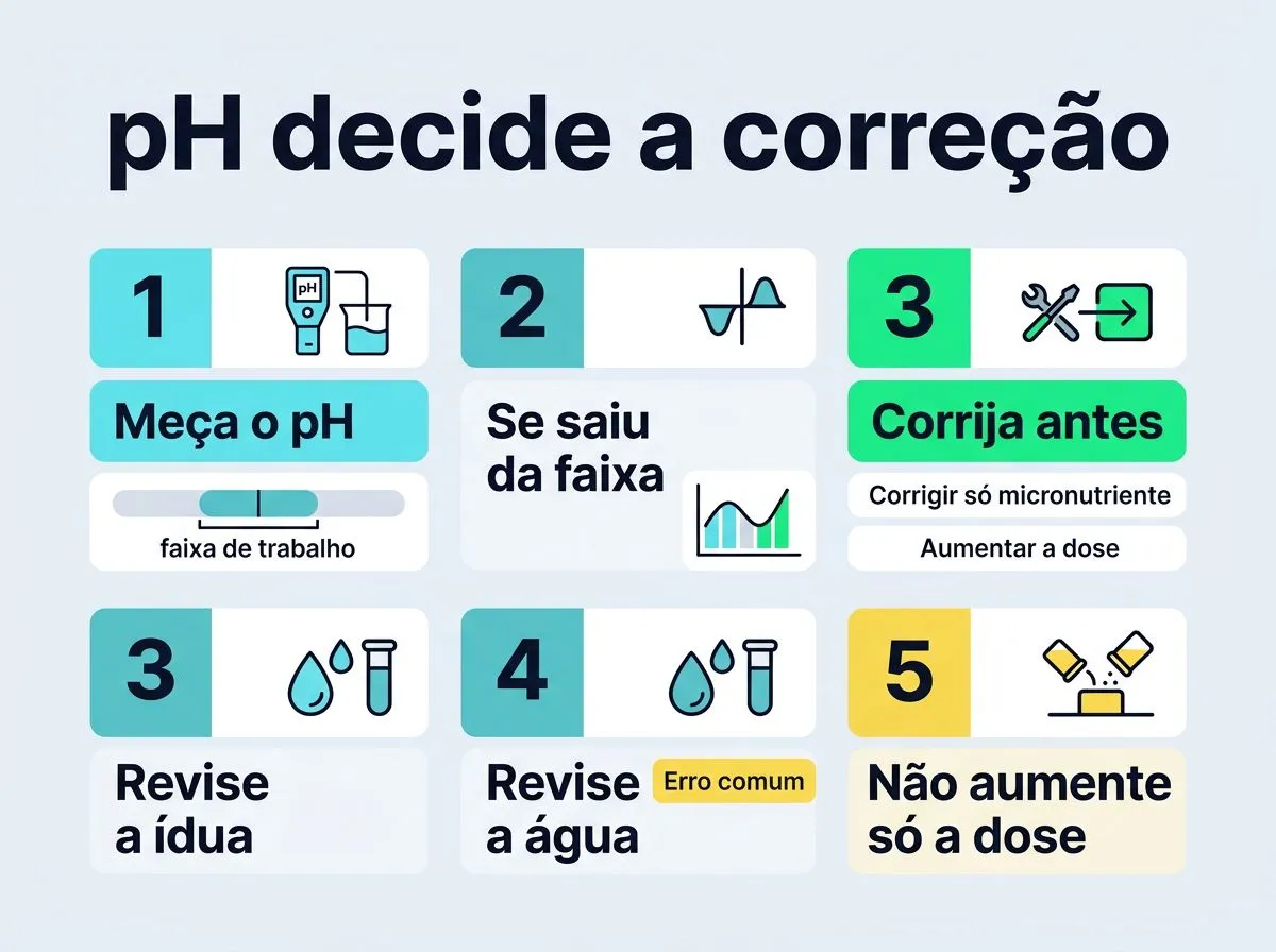 Infográfico com passos para usar o pH na correção de clorose por ferro na hidroponia, evitando aumentar a dose sem medir.