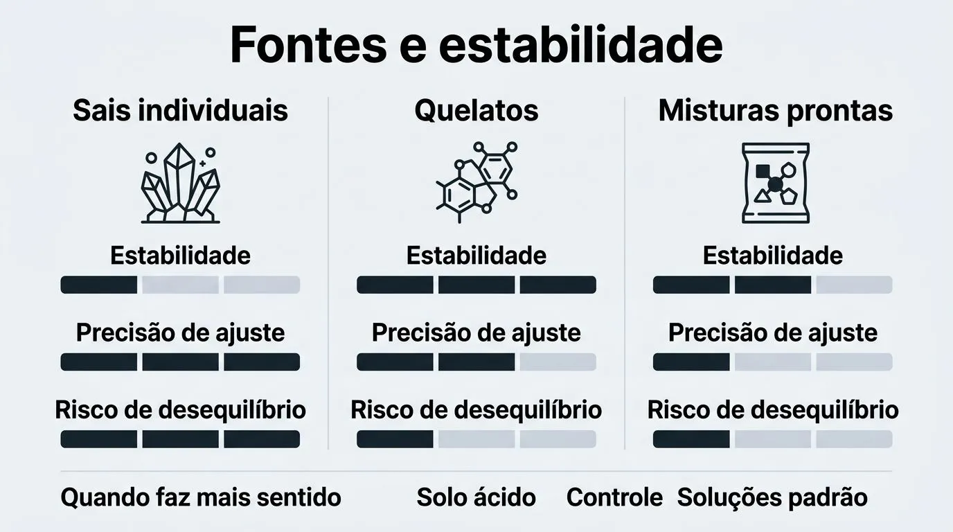 Comparativo entre sais individuais, quelatos e misturas prontas para micronutrientes na solução nutritiva, com critérios como estabilidade e risco de desequilíbrio.