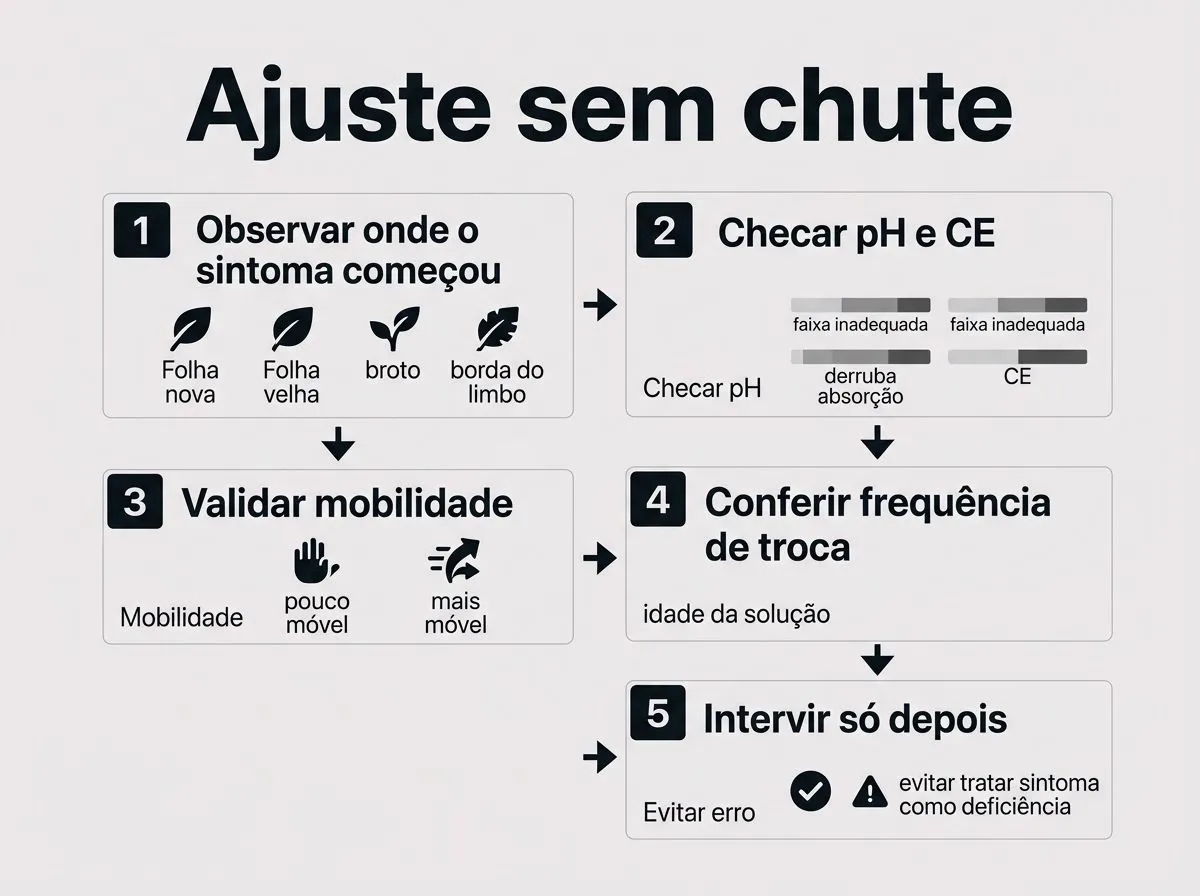 Checklist passo a passo para escolher e ajustar micronutrientes em hidroponia sem depender apenas do rótulo, considerando sintoma, pH, CE e mobilidade.