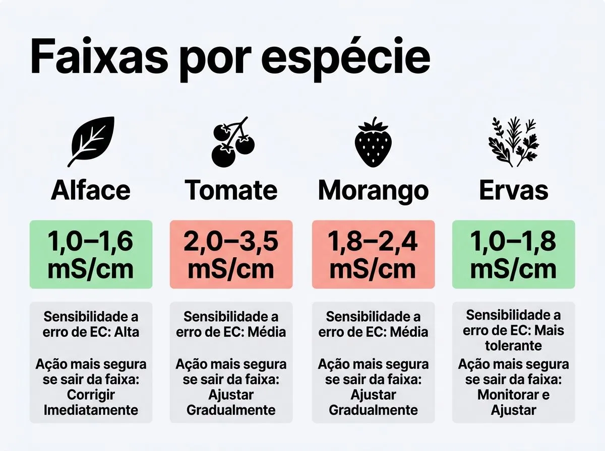 Infográfico comparando faixas de EC ideal por espécie na hidroponia