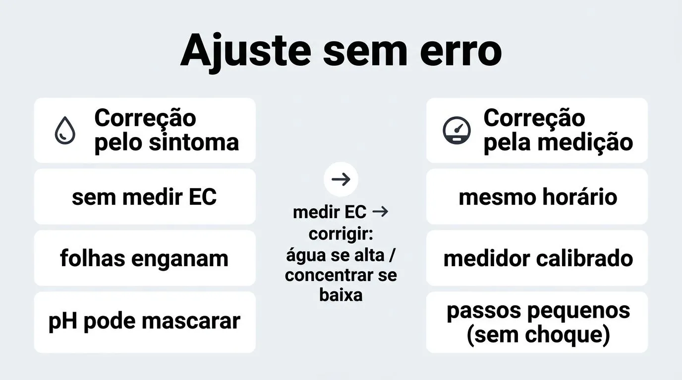 Comparativo visual entre ajustar solução pelo sintoma e ajustar pela medição de EC