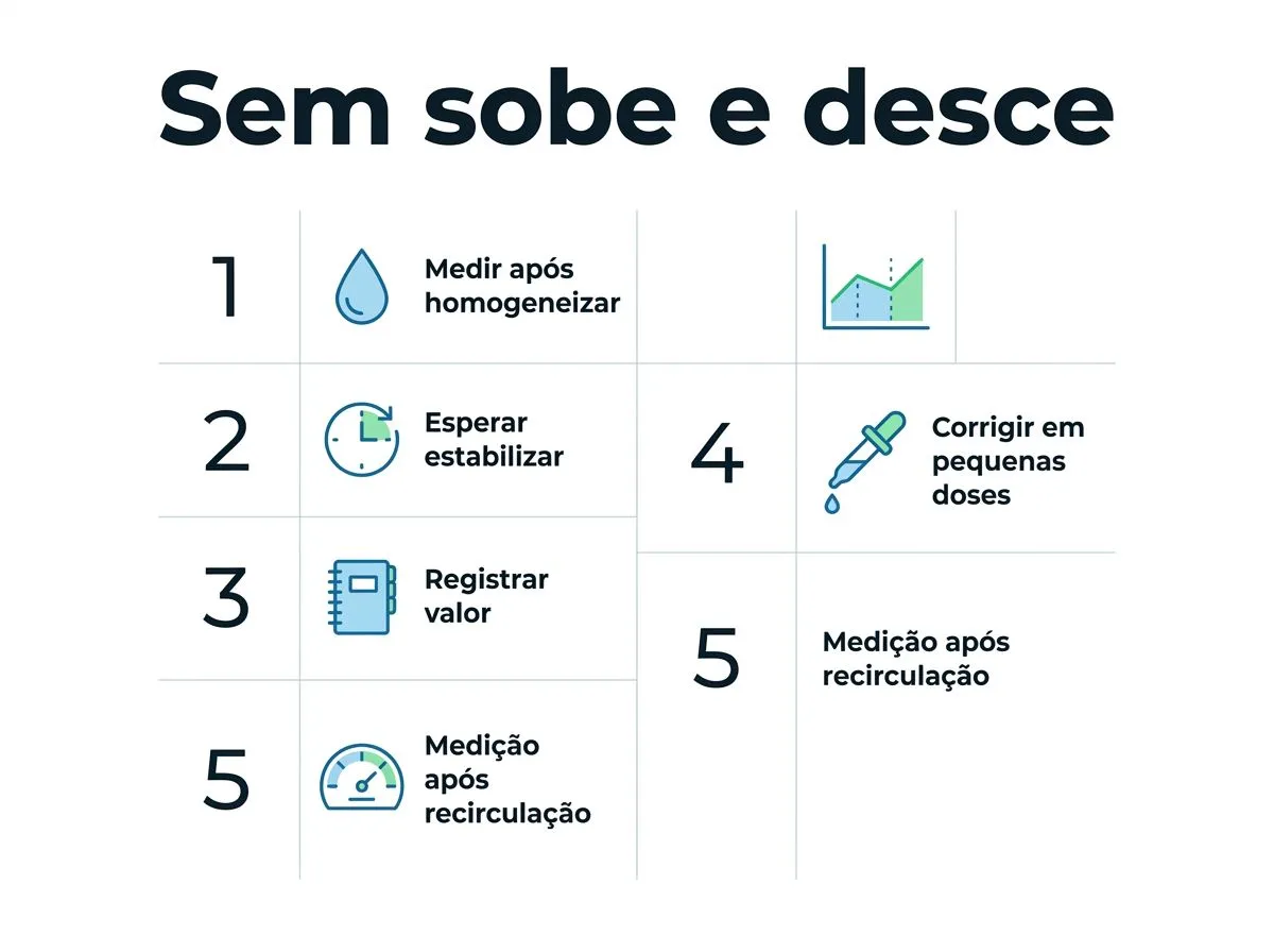 Infográfico de passos para ajustar pH sem oscilações na hidroponia