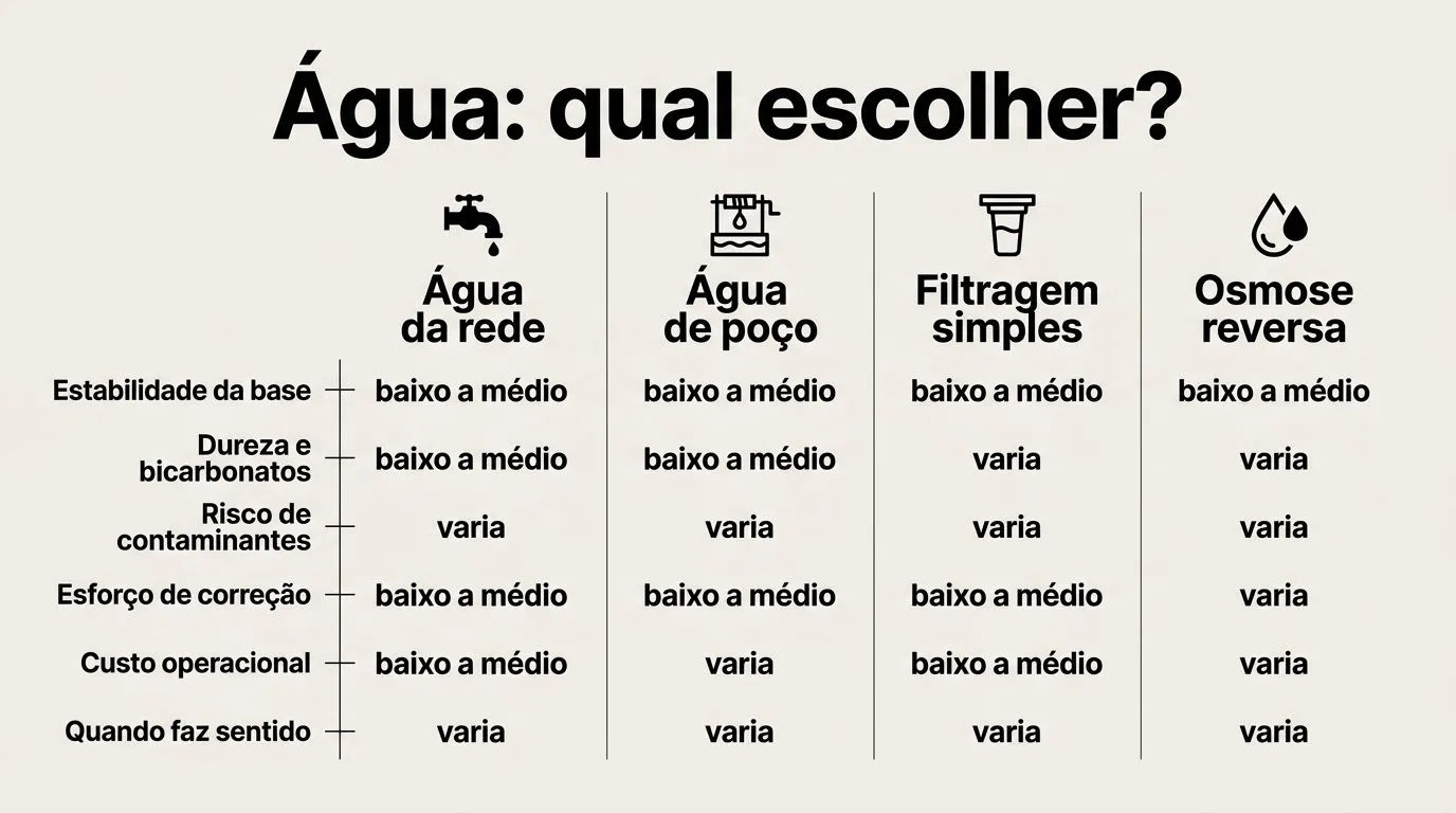 Infográfico comparando água da rede, água de poço, filtragem simples e osmose reversa por estabilidade, dureza, risco de contaminantes e custo operacional.