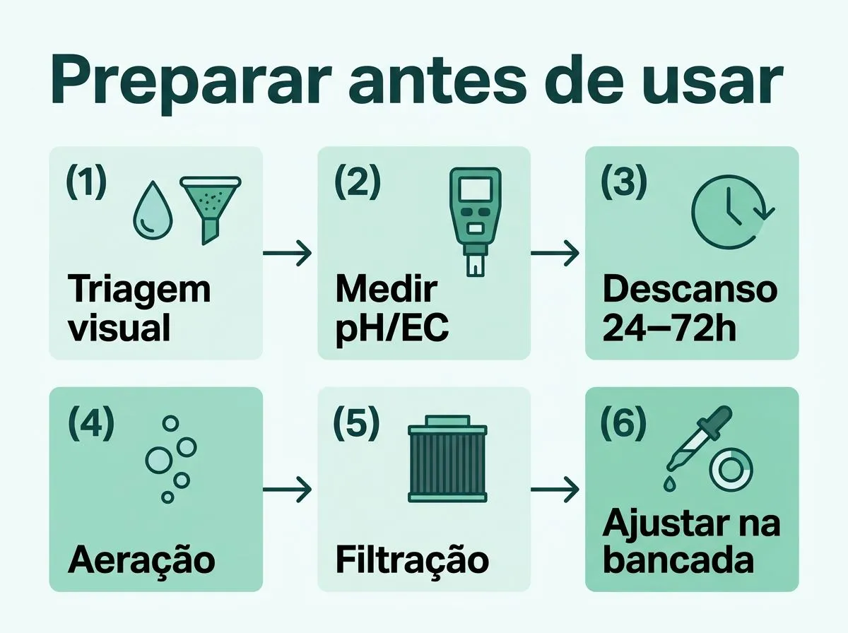 Infográfico passo a passo para preparar a água de torneira antes da solução nutritiva