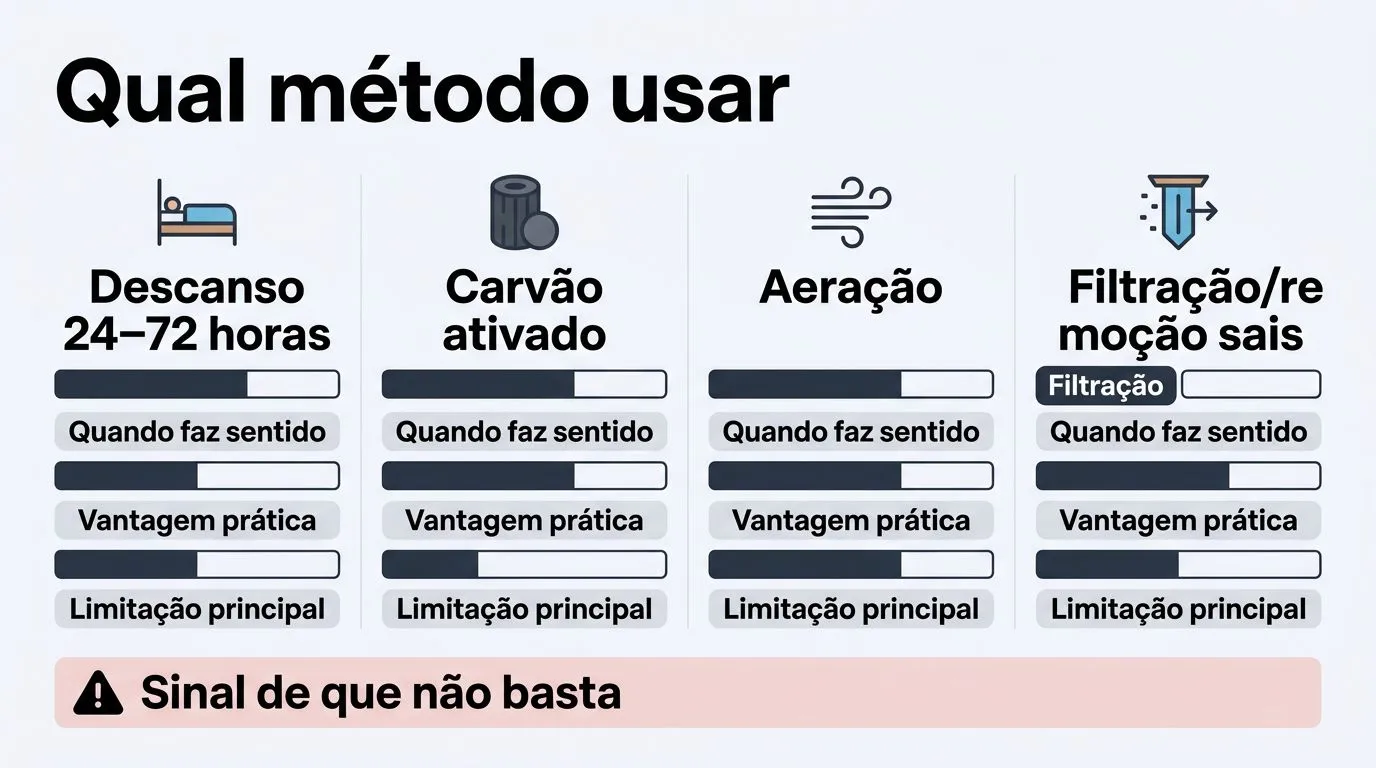 Comparação visual de métodos para preparar água de torneira na hidroponia
