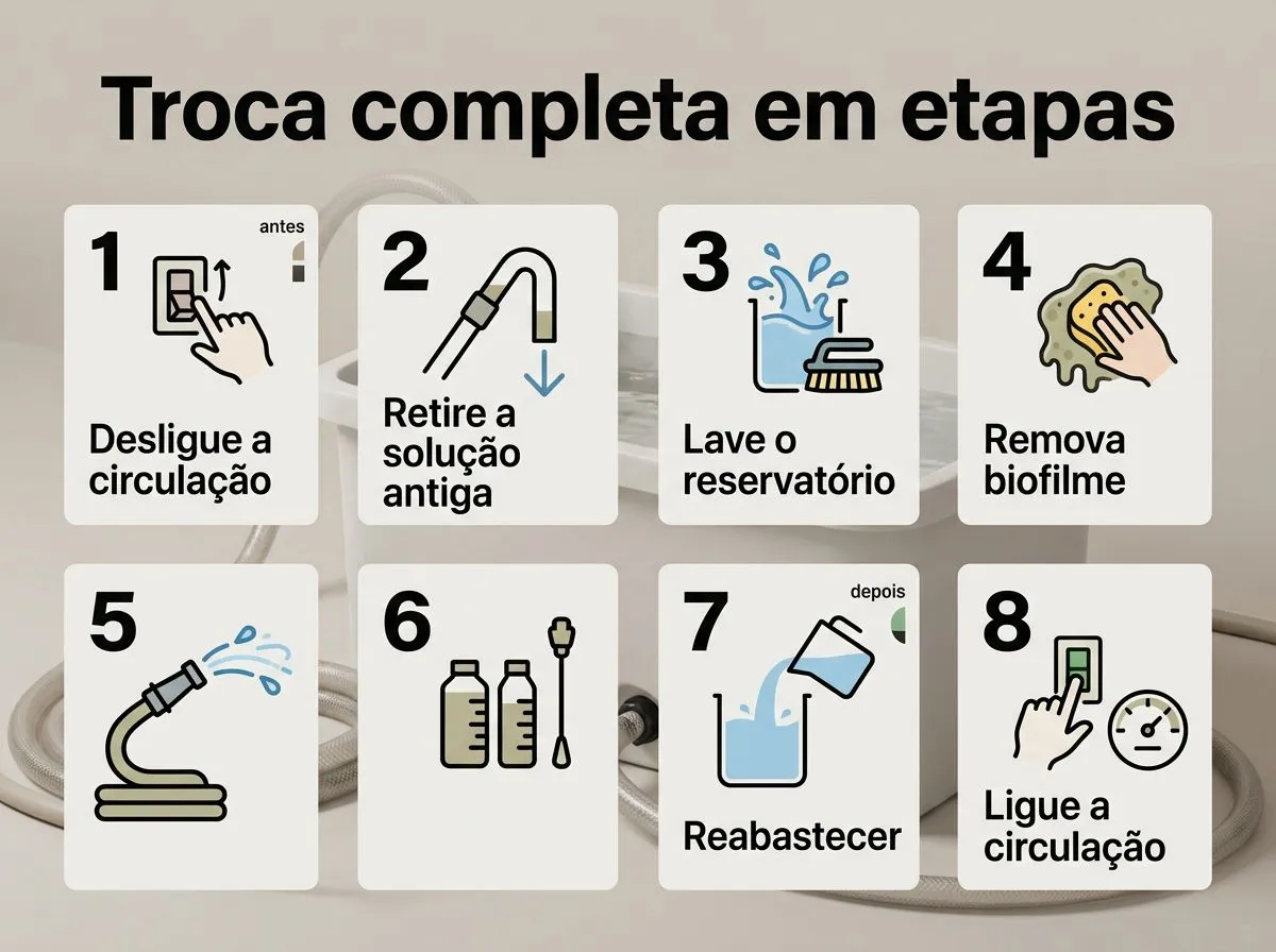 Infográfico com etapas da troca completa da solução nutritiva em hidroponia
