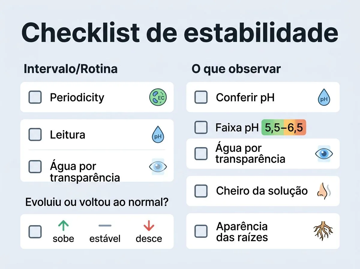 Checklist visual para manter a solução nutritiva estável entre trocas (EC, pH e observações)