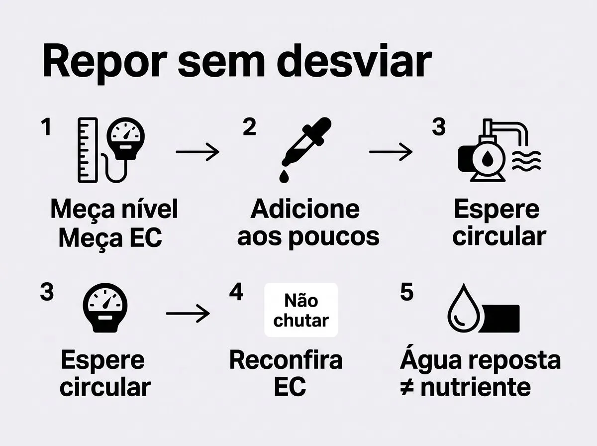 Infográfico com etapas para repor água e manter a EC estável na hidroponia.