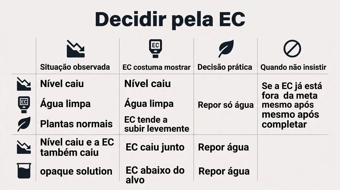 Quadro comparativo para decidir quando repor apenas água, quando corrigir nutrientes ou quando trocar parte da solução pela leitura de EC.