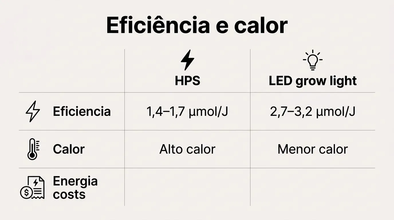 Gráfico comparativo HPS versus LED com eficiência luminosa, calor e leitura prática para custo de operação em hidroponia indoor.