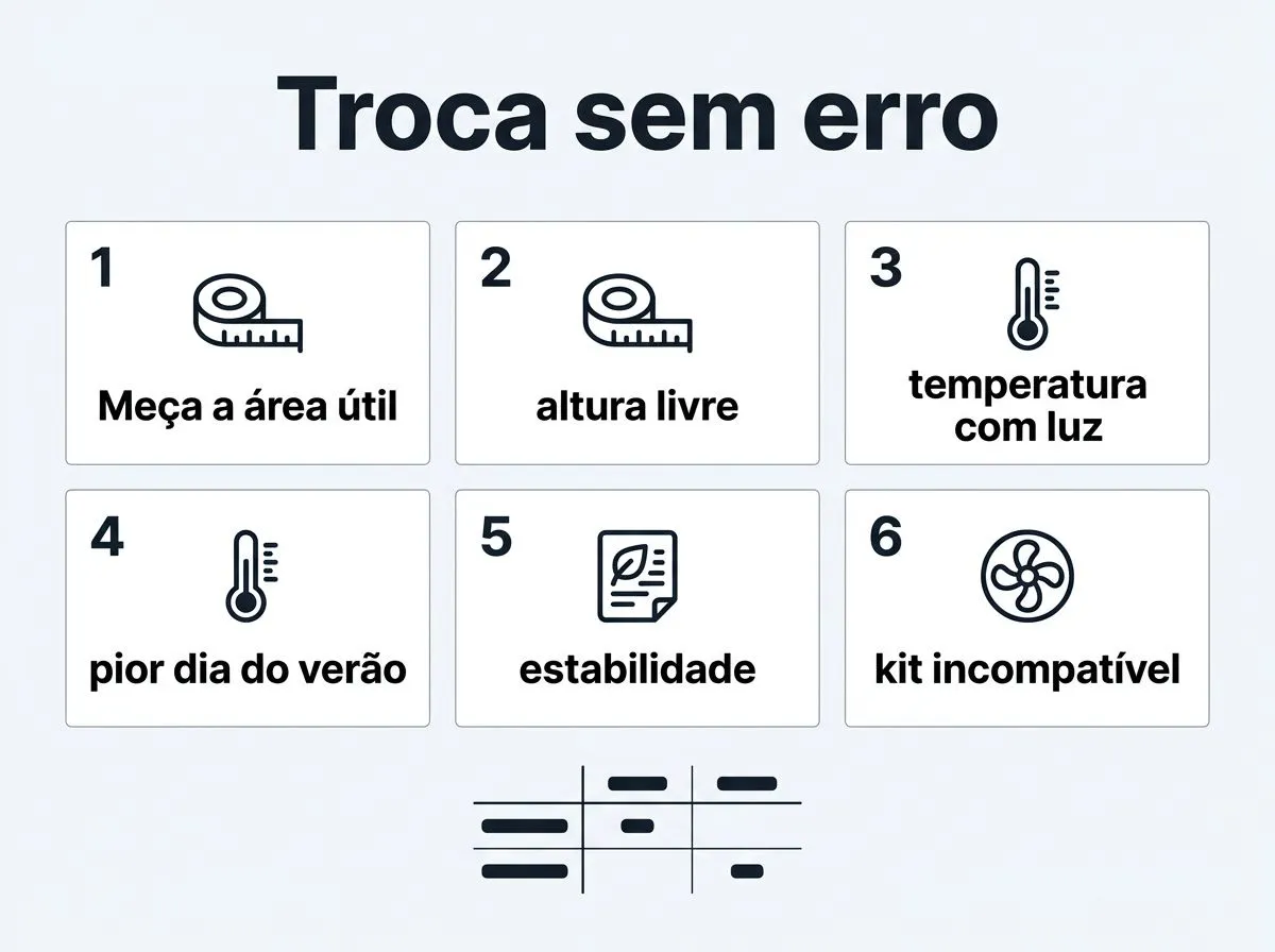Checklist visual para decidir a troca entre HPS e LED evitando compra errada em cultivo indoor hidropônico.