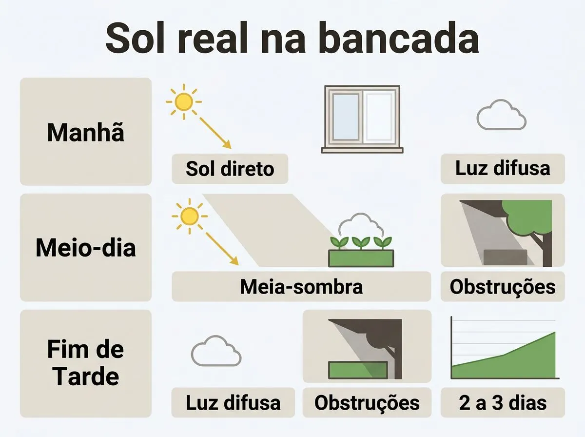 Infográfico mostrando como observar sol direto, meia-sombra e luz difusa ao longo do dia na hidroponia.