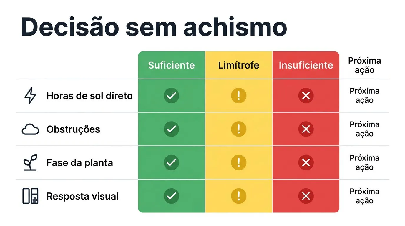 Gráfico comparativo com critérios para decidir se a luz natural é suficiente, limítrofe ou insuficiente na hidroponia.