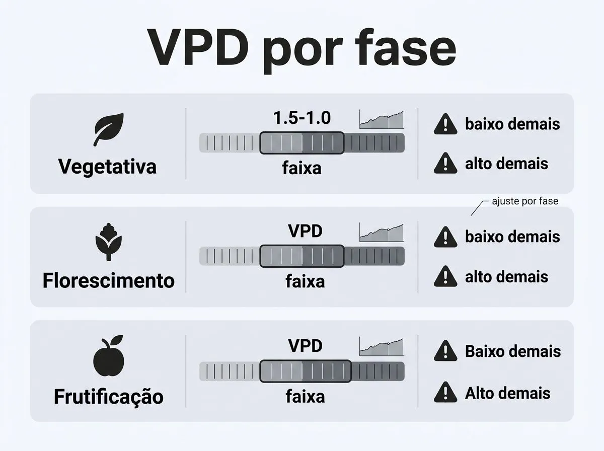 Infográfico com faixas práticas de VPD por fase e sinais de VPD baixo ou alto.