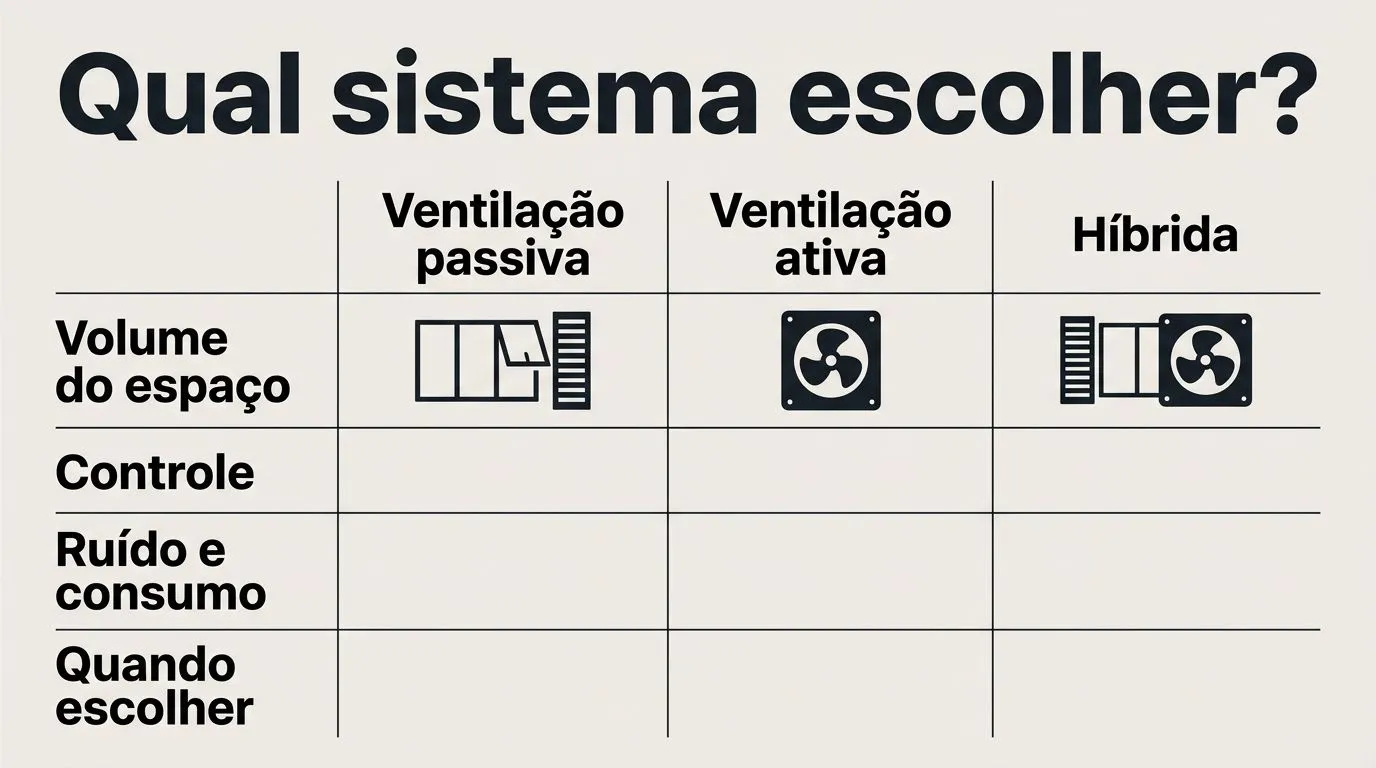 Quadro comparativo com critérios para escolher ventilação passiva, ativa ou híbrida na hidroponia doméstica.