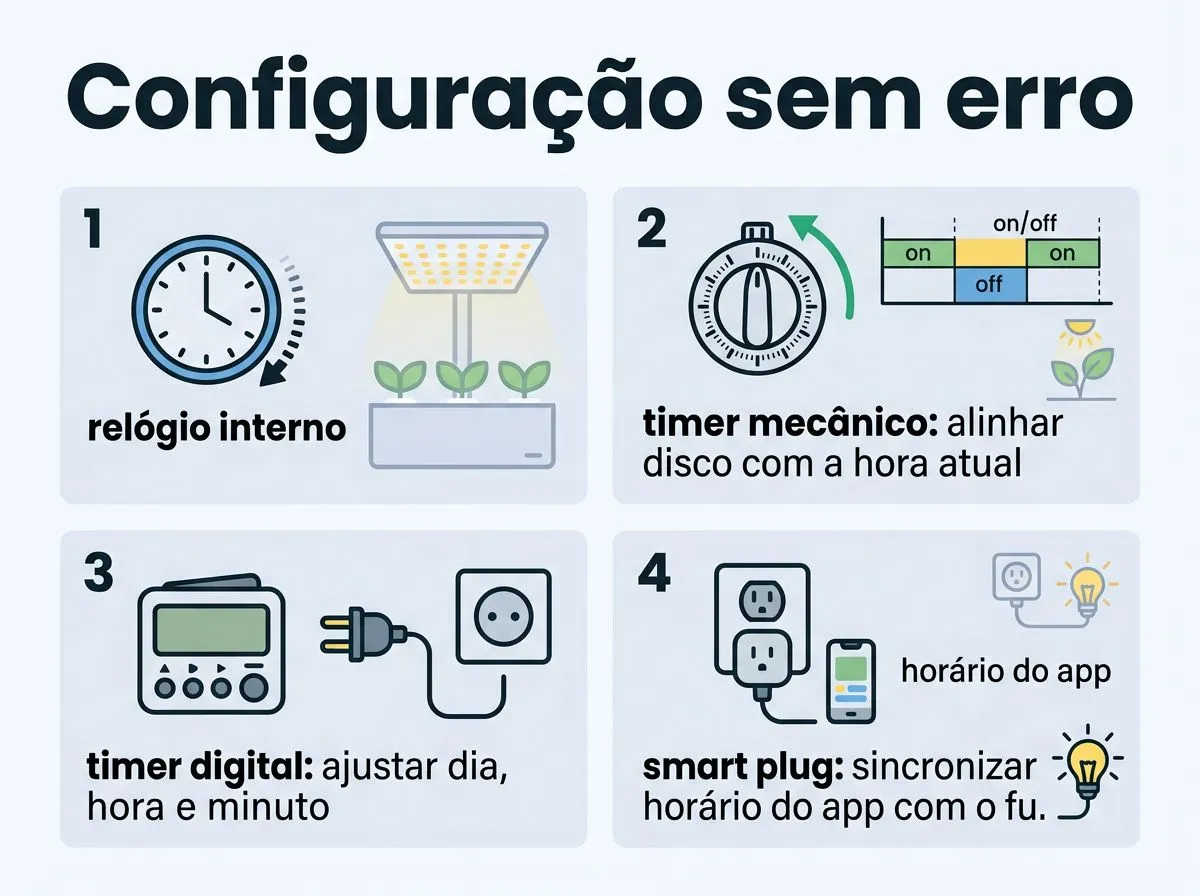 Infográfico passo a passo para configurar timer de luz na hidroponia doméstica (relógio interno, mecânico, digital e smart plug).