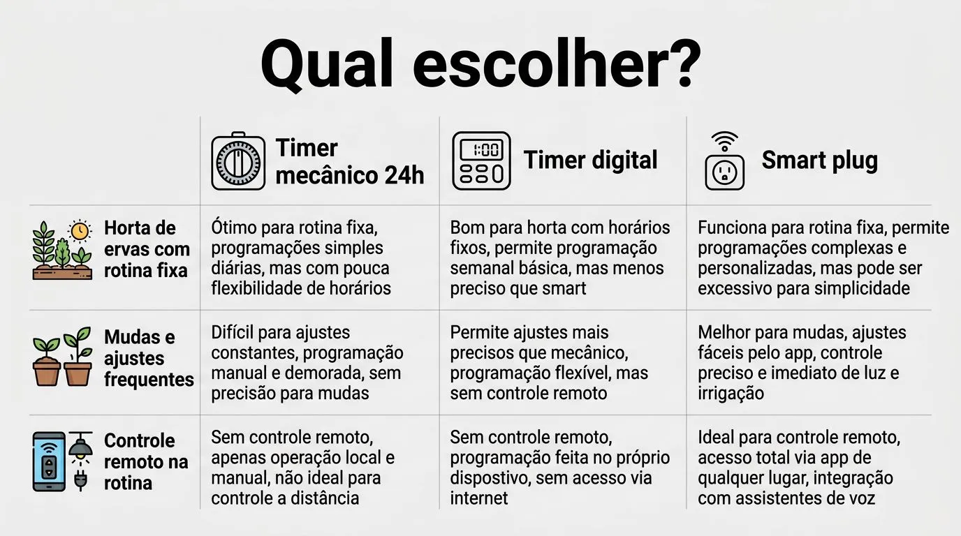 Comparativo entre timer mecânico, timer digital e smart plug para escolher sem erro na hidroponia doméstica.