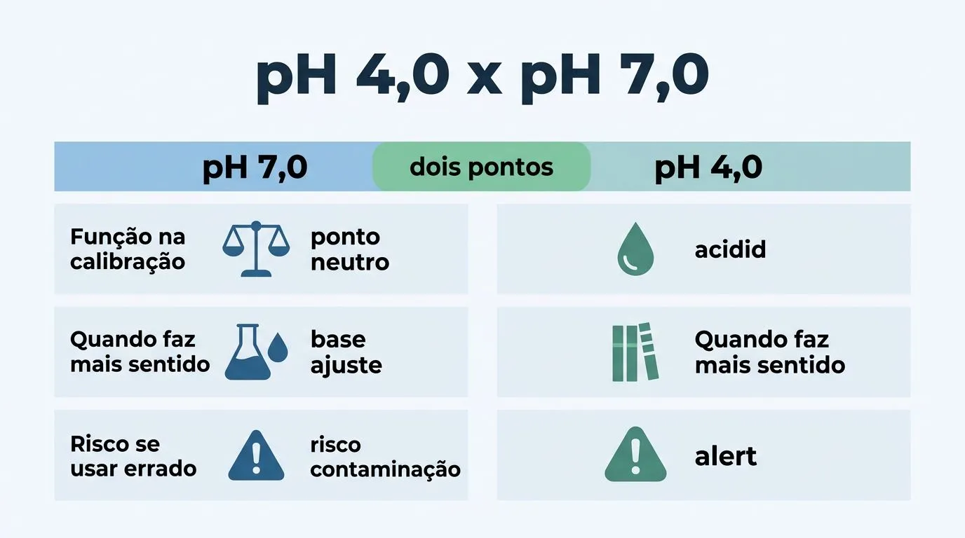 Comparativo visual da função do tampão pH 7,0 e do tampão pH 4,0 na calibração do sensor de pH.