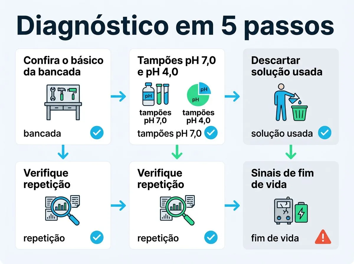 Fluxograma de diagnóstico para identificar se erro de pH vem de calibração, armazenamento ou do eletrodo.