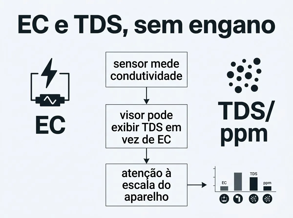 Infográfico explicando como o sensor mede condutividade e o visor pode mostrar TDS em vez de EC.