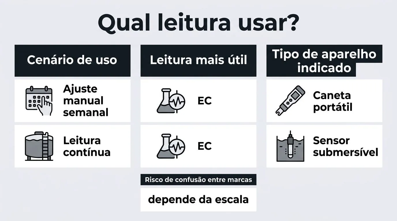 Infográfico comparando leitura e aparelhos ideais para cenários diferentes de hidroponia caseira.