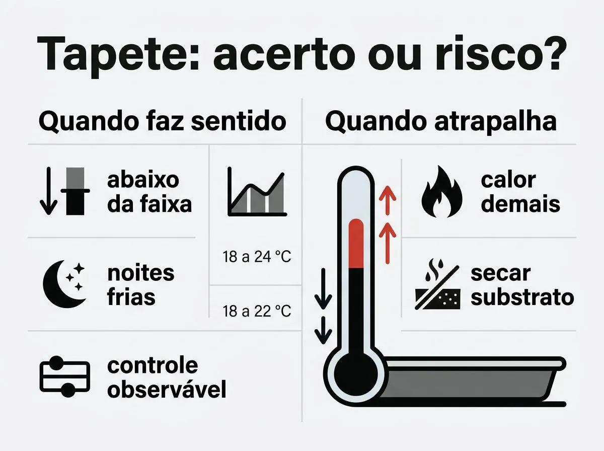 Infográfico comparando quando usar tapete aquecedor e quando ele atrapalha na germinação hidropônica.