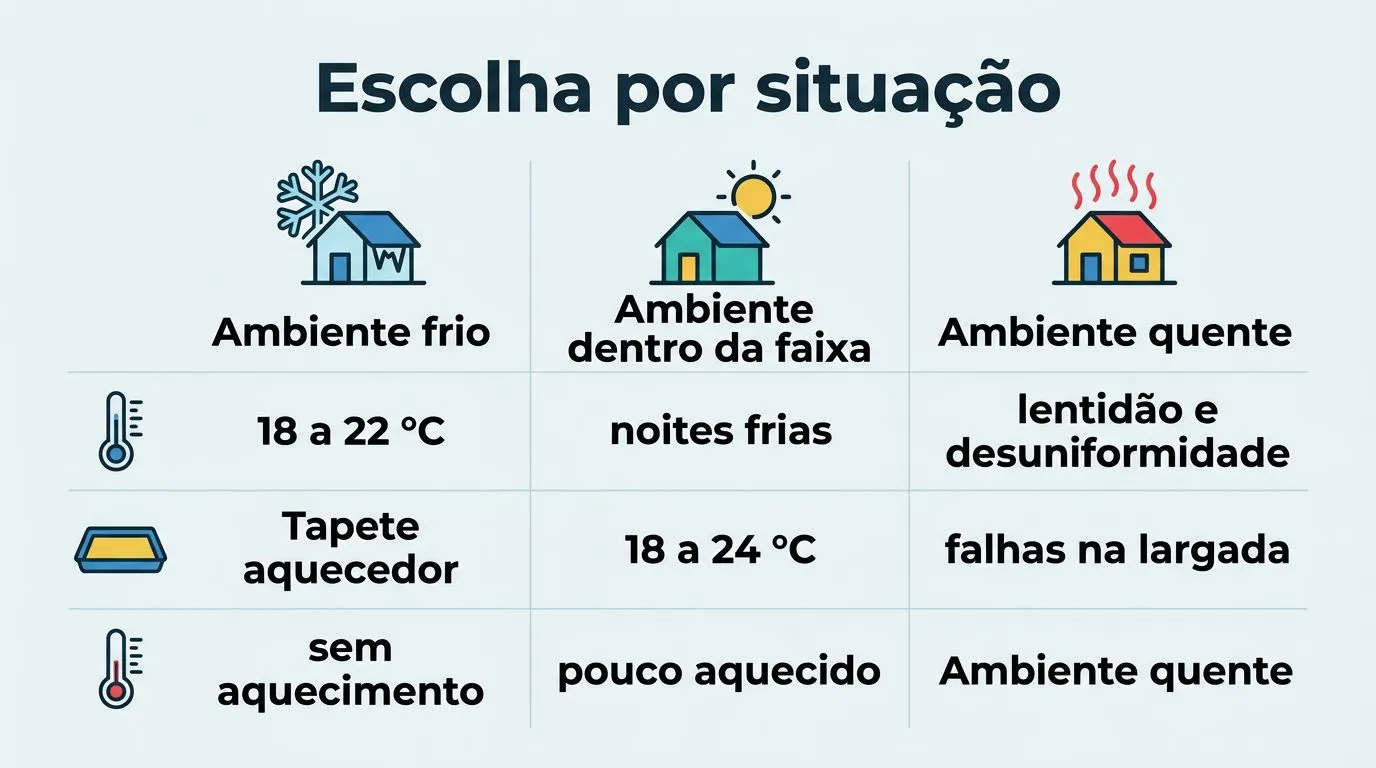 Quadro comparativo para escolher temperatura, calor suplementar e proteção conforme a situação doméstica.