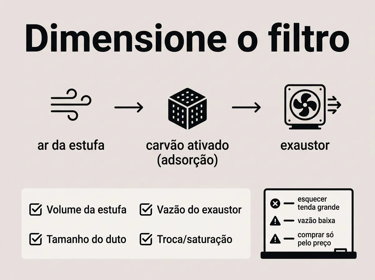 Infográfico mostrando como o filtro de carvão ativado adsorve compostos do odor, com checklist para dimensionamento e sinais de falha.