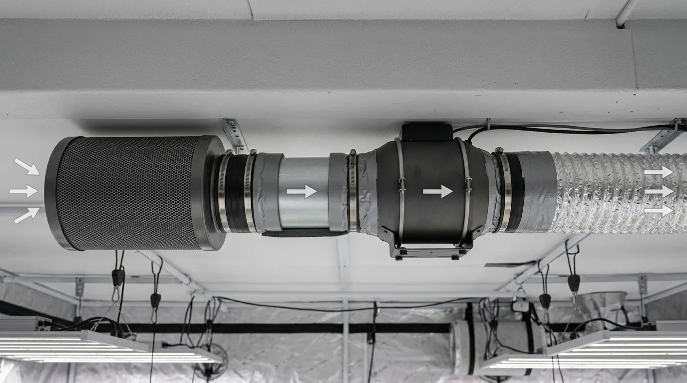 Sistema de exaustão com filtro de carvão e dutos curtos, focando na vedação e no trajeto correto do ar para evitar escape de cheiro.
