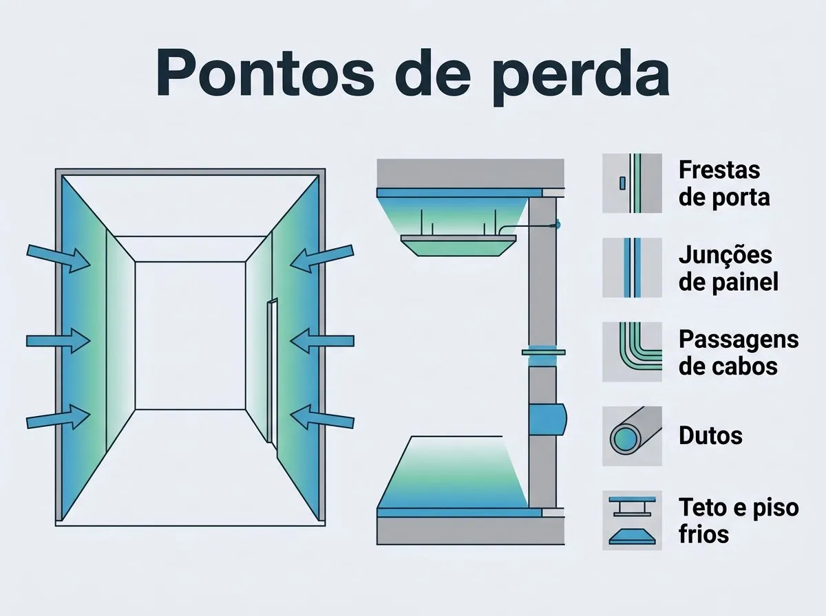 Infográfico mostrando os pontos críticos onde o calor entra e vaza na grow room: frestas, junções, passagens de cabos, dutos e áreas de teto e piso frios.