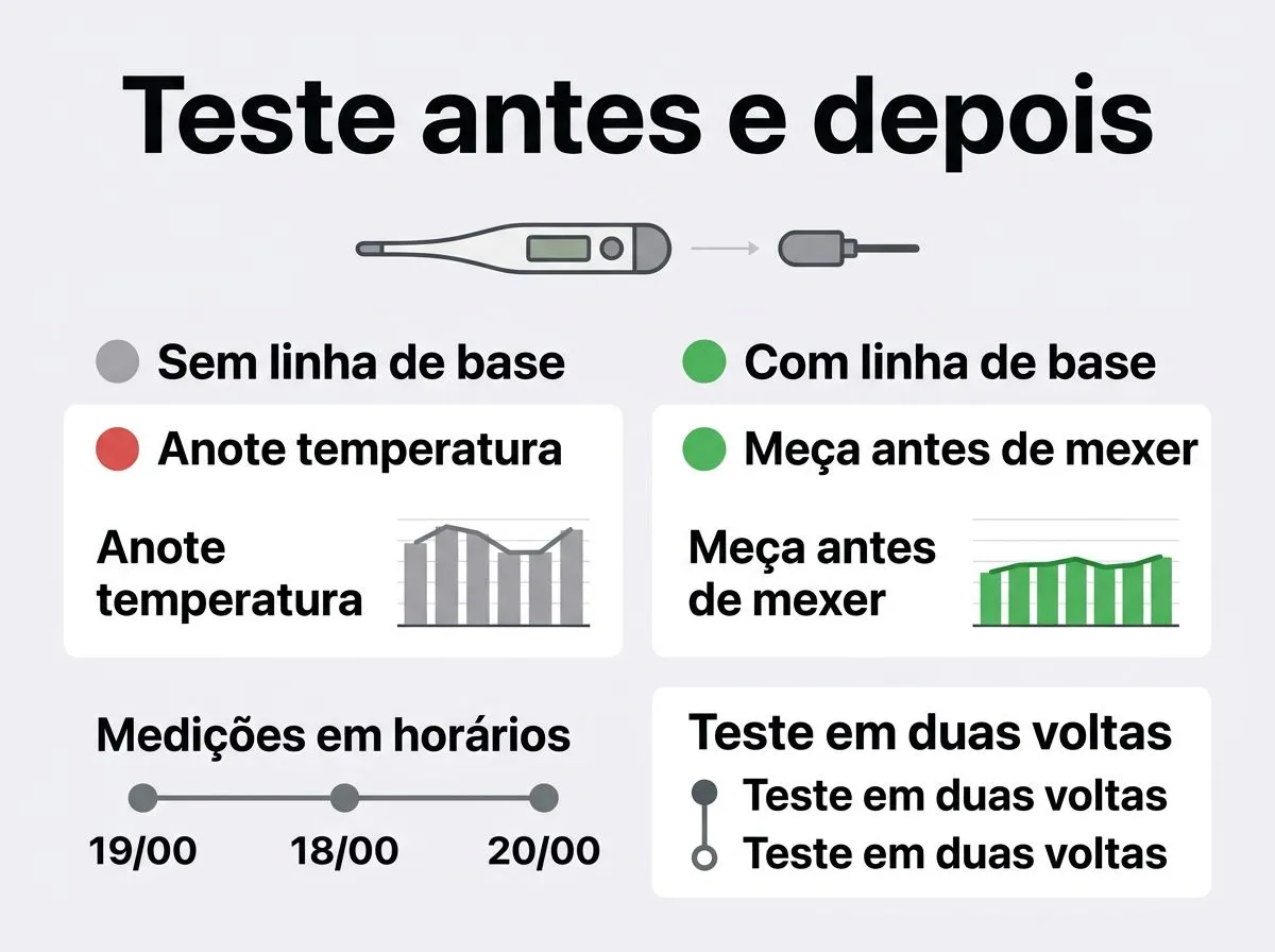Infográfico com checklist e gráfico simples para medir se o isolamento da grow room está funcionando usando temperatura interna e externa antes e depois.